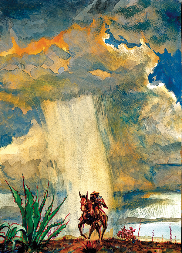 painting rider in monsoon by bob boze bell