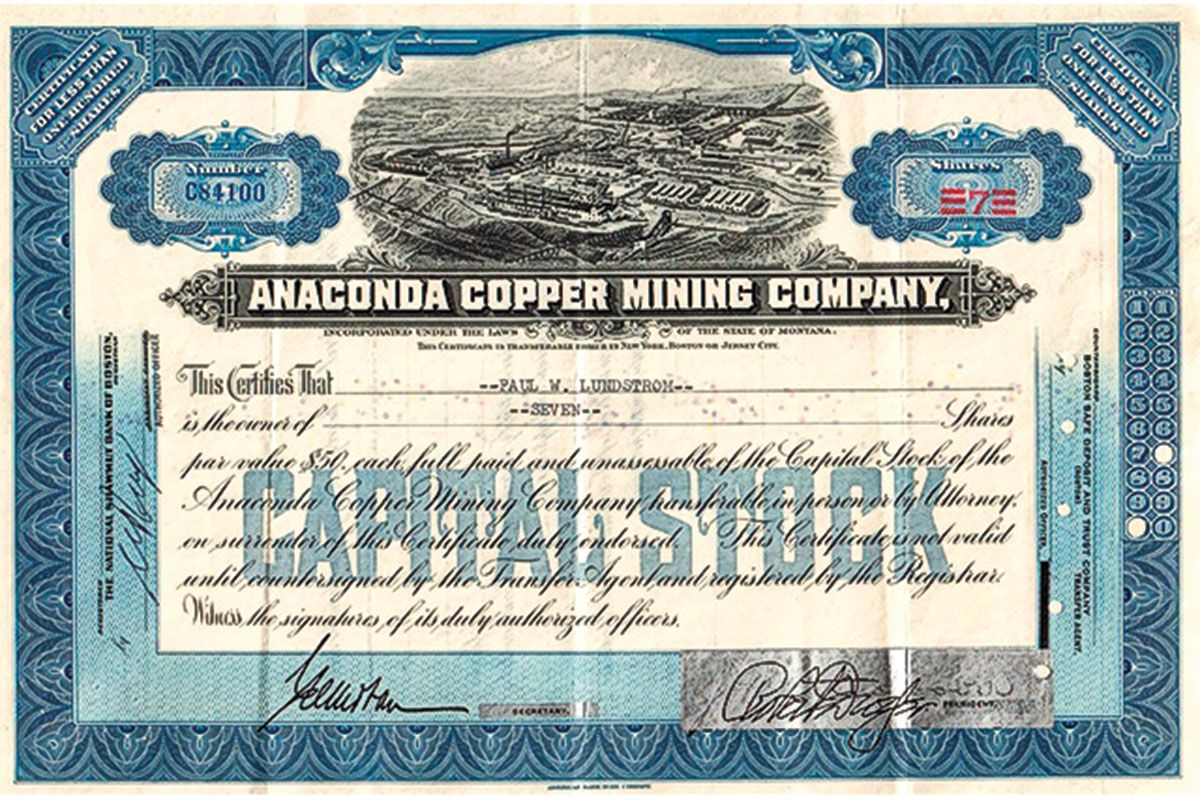 anaconda copper mining company blue certificate true west magazine